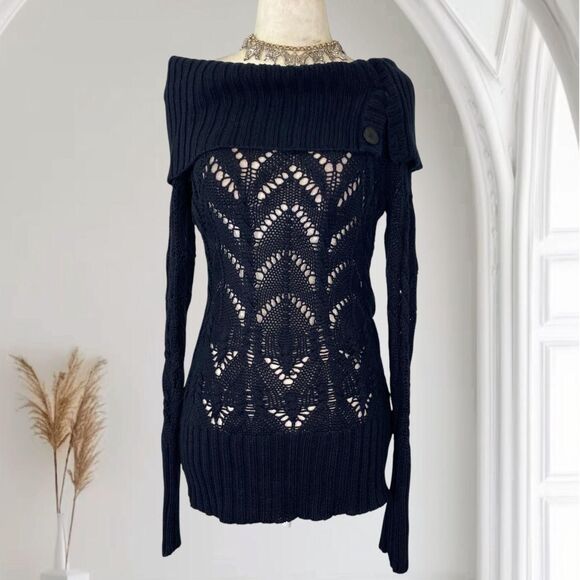 Guess Jeans Early 2000's Black Knit Off The Shoulder Long Sleeve Sweater S - Picture 1 of 7